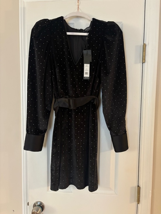 BCBGMaxAzria Dresses & Skirts - BCBGMaxAzria Black Velvet Long Sleeve Rhinestone Belted Dress